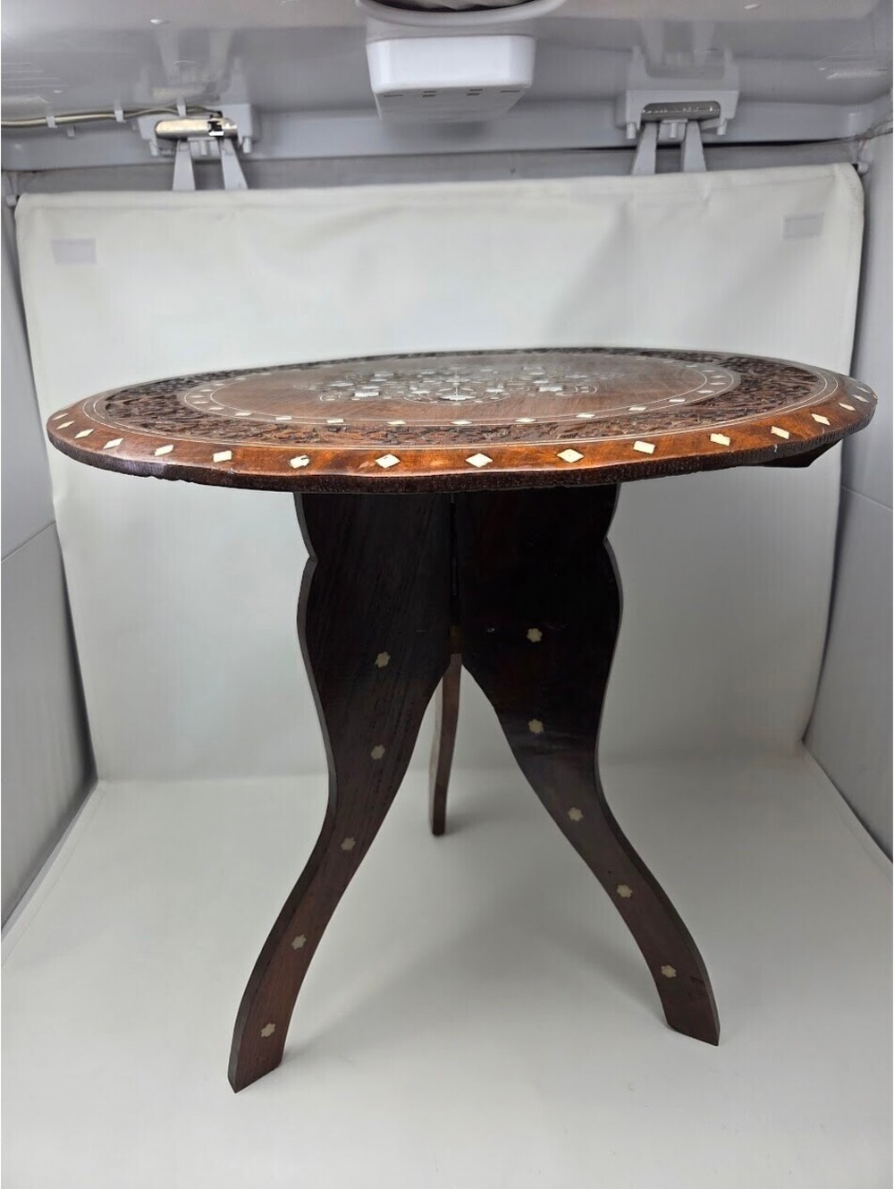 Round Inlaid Wooden Folding Accent Table Floral Carved Top Tripod Base
